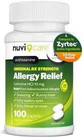 NUVICARE allergy medicine bottle showing non-drowsy all-day relief option