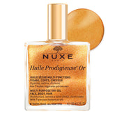 Nuxe Huile Prodigieuse Shimmer bottle closeup highlights a luxurious multi-oil glow.