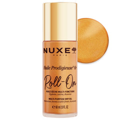 Nuxe Huile Prodigieuse Shimmer Roll-On bottle close-up for radiant glow and hydration.