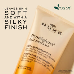 Nuxe Prodigieux Beautifying Lotion natural-origin formula highlights vegan, made-in-France credentials.