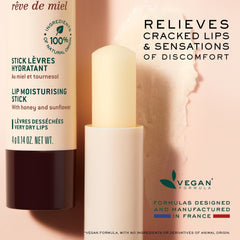 Close-up shows instant soothing hydration from Nuxe Réve de Miel lip stick.