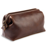 NV Holders premium leather toiletry bag brown front view for timeless travel elegance.
