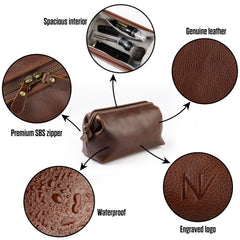 NV Holders brown bag open main compartment shows organized grooming essentials.