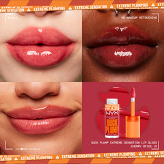 NYX Duck Plump lip gloss applied on lips for a glossy plumped look.