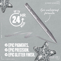 NYX Epic Ink Glitz liner brush-tip precision for clean one-stroke application.