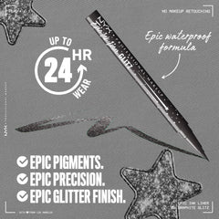 NYX Epic Ink Glitz Liner waterproof swatch demonstrating smudge-proof shimmer.
