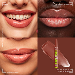 NYX Fat Oil Slick Click bottle demonstrating precise release for smooth lips.