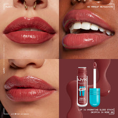 NYX Lip IV Hydrating Glossy Lip Stain on lips for lightweight, all-day color.