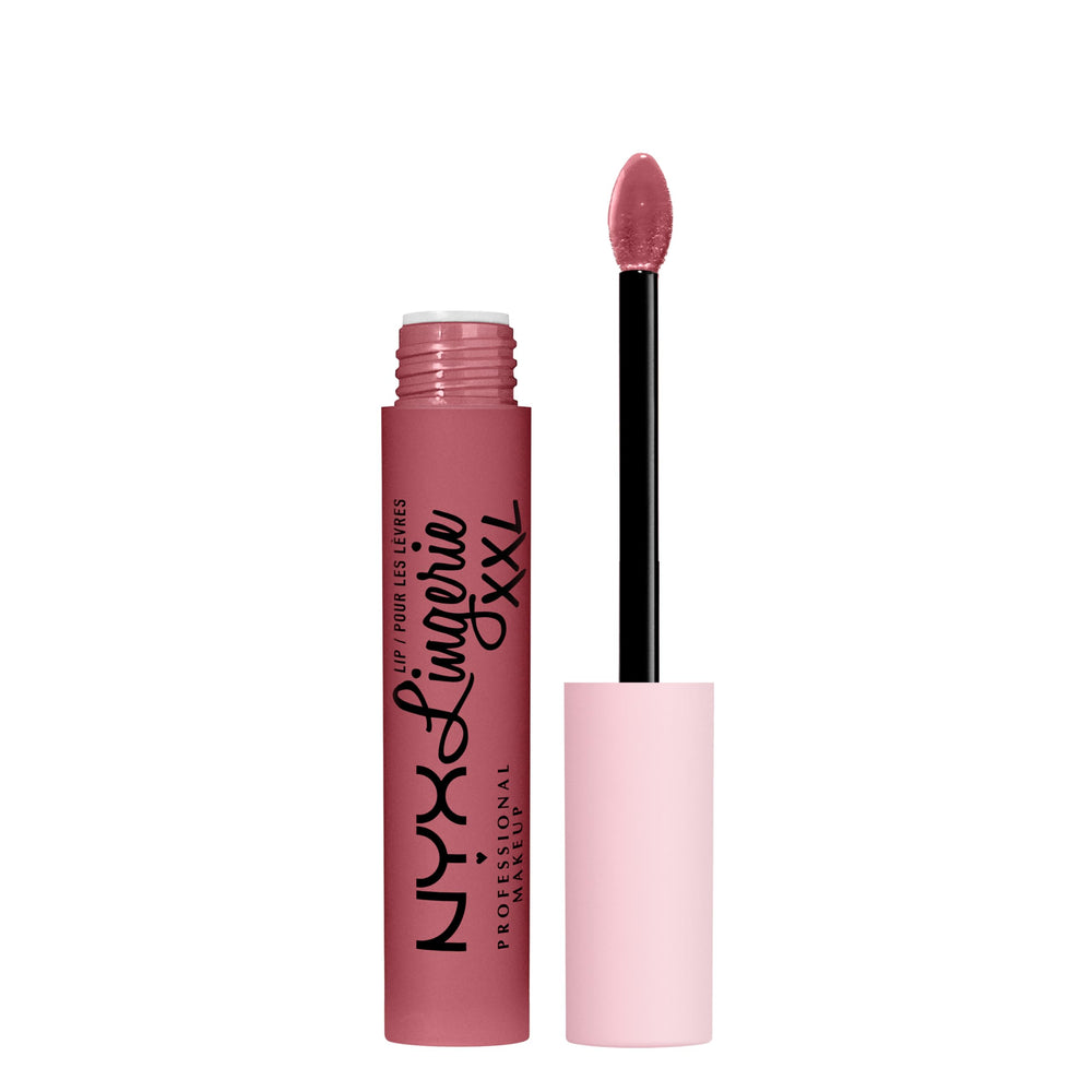 NYX Lip Lingerie XXL Flaunt It Dusty Pink on lips for a soft, fade-resistant matte pout.