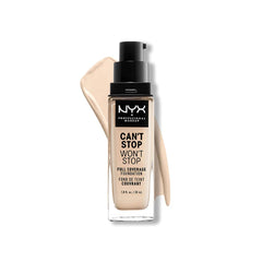 NYX Can't Stop Won't Stop foundation bottle closeup demonstrates long-wear matte finish for lasting complexion.
