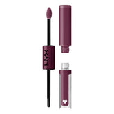 NYX Shine Loud base coat in cool-toned plum shows bold lip color with nourishing oils