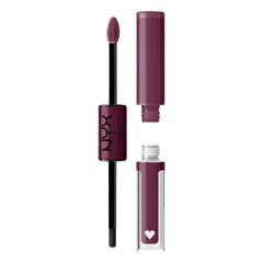 NYX Shine Loud base coat in cool-toned plum shows bold lip color with nourishing oils