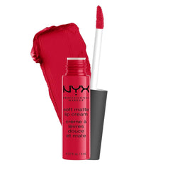 NYX Professional Makeup Soft Matte Lip Cream Amsterdam tube shot showing velvety red color with long wear.