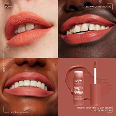 NYX Smooth Whip Matte Lip Cream muestra textura suave y acabado mate sin líneas.