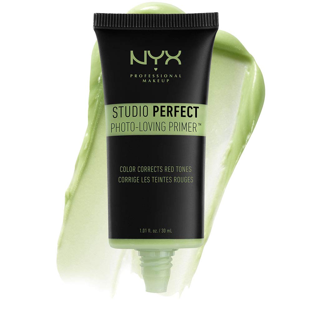 NYX Studio Perfect Primer Green bottle closeup neutralizes redness for a calmer complexion.