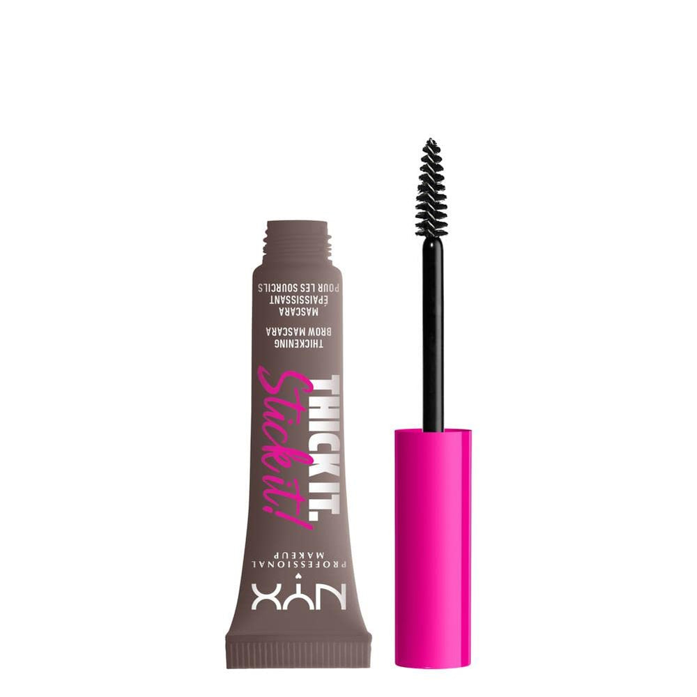 NYX Thick It Stick It Brow Mascara Cool Ash Brown tube showing tint and fullness potential.
