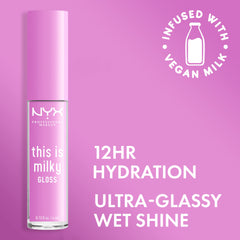 NYX This Is Milky Gloss Lilac Splash swatches reveal soft, buildable milky color