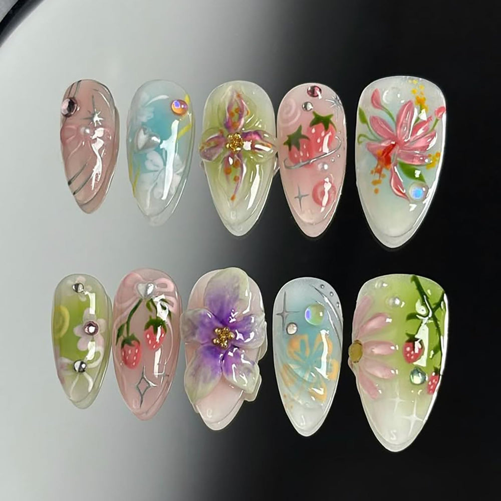 NZRAESTRS 3D flower press-on nails with rose petal design for a quick manicure