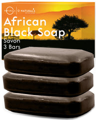 O NATURALS African Black Soap bars on wood background deliver gentle cleansing and natural scent.