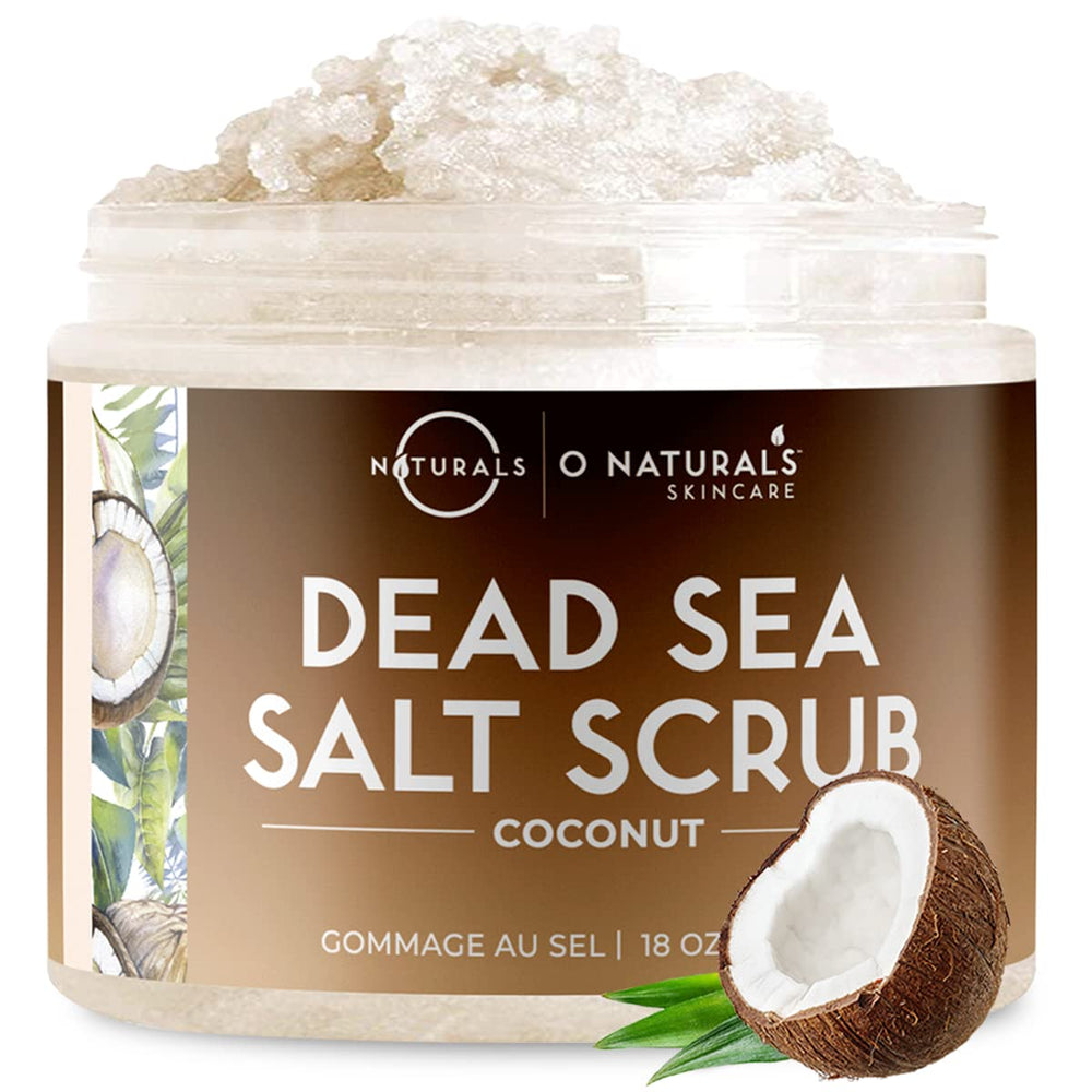 O Naturals exfoliating scrub bottle with coconut oil promotes deep cleansing