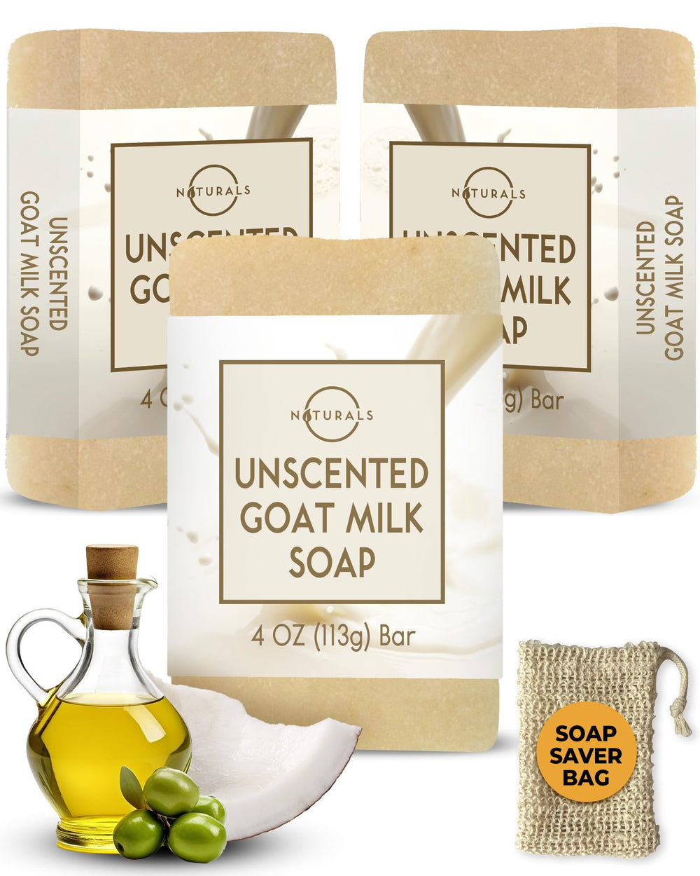 O Naturals goat milk soap with saver bag: three bars for gentle exfoliation and savings.