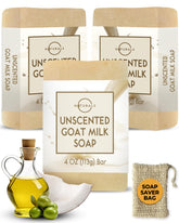 O Naturals goat milk soap with saver bag: three bars for gentle exfoliation and savings.