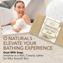 O Naturals unscented goat milk soap closeup highlighting creamy lather for sensitive skin.