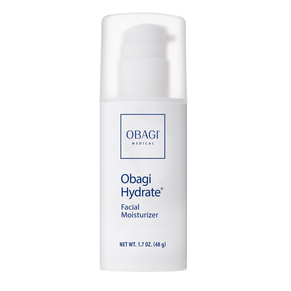 Obagi Hydrate facial moisturizer bottle closeup shows easy pump for all-day hydration
