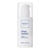 Obagi Hydrate facial moisturizer bottle closeup shows easy pump for all-day hydration