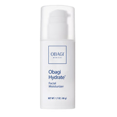 Obagi Hydrate facial moisturizer bottle closeup shows easy pump for all-day hydration