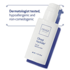 Obagi Hydrate jar closeup cream texture highlights smooth, non-greasy coverage for all skin types.