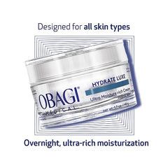 Obagi Hydrate Luxe balm texture swatch suggests luxurious overnight moisturization.