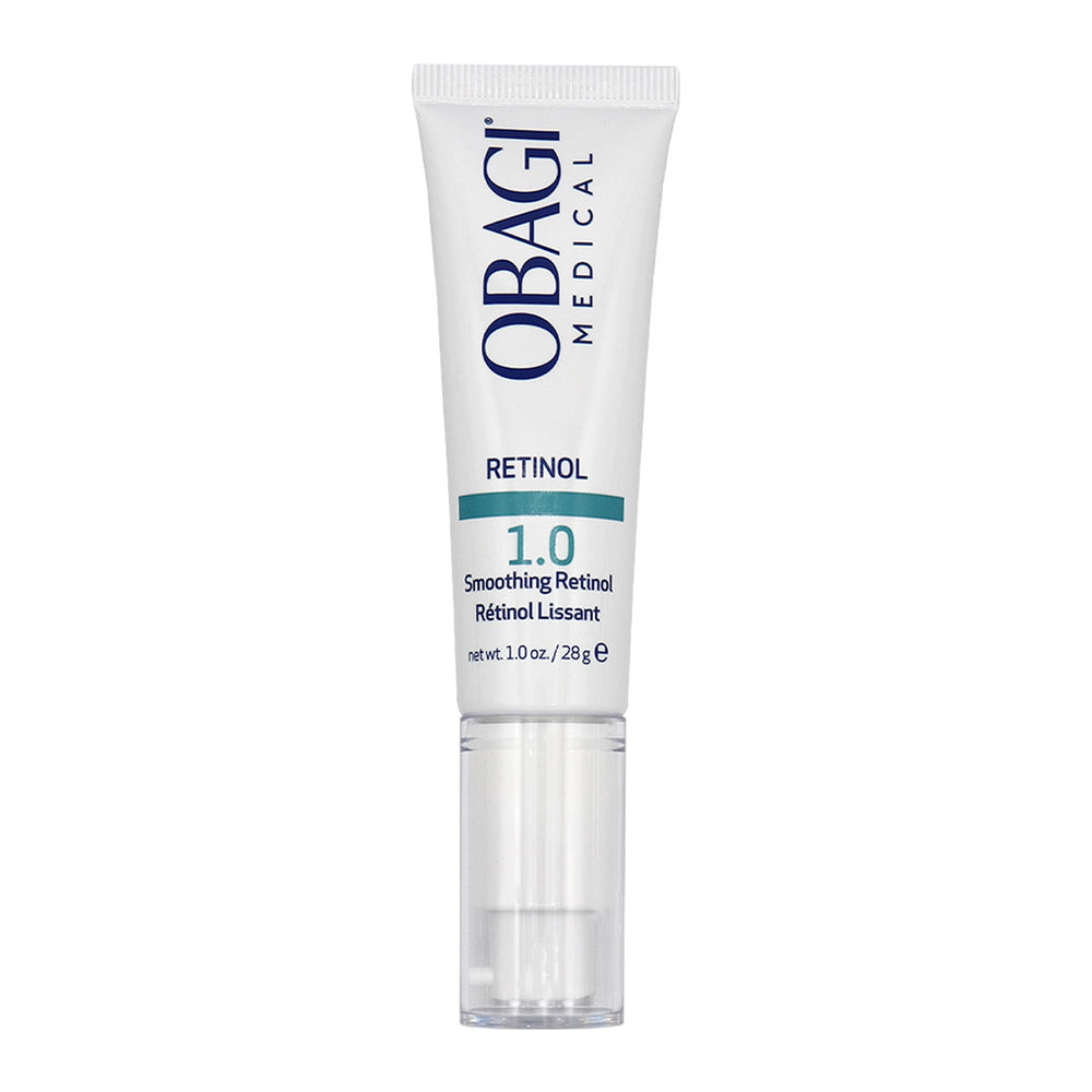 Obagi Medical Retinol 1.0 Cream bottle close-up showing premium formula for smoother skin texture.