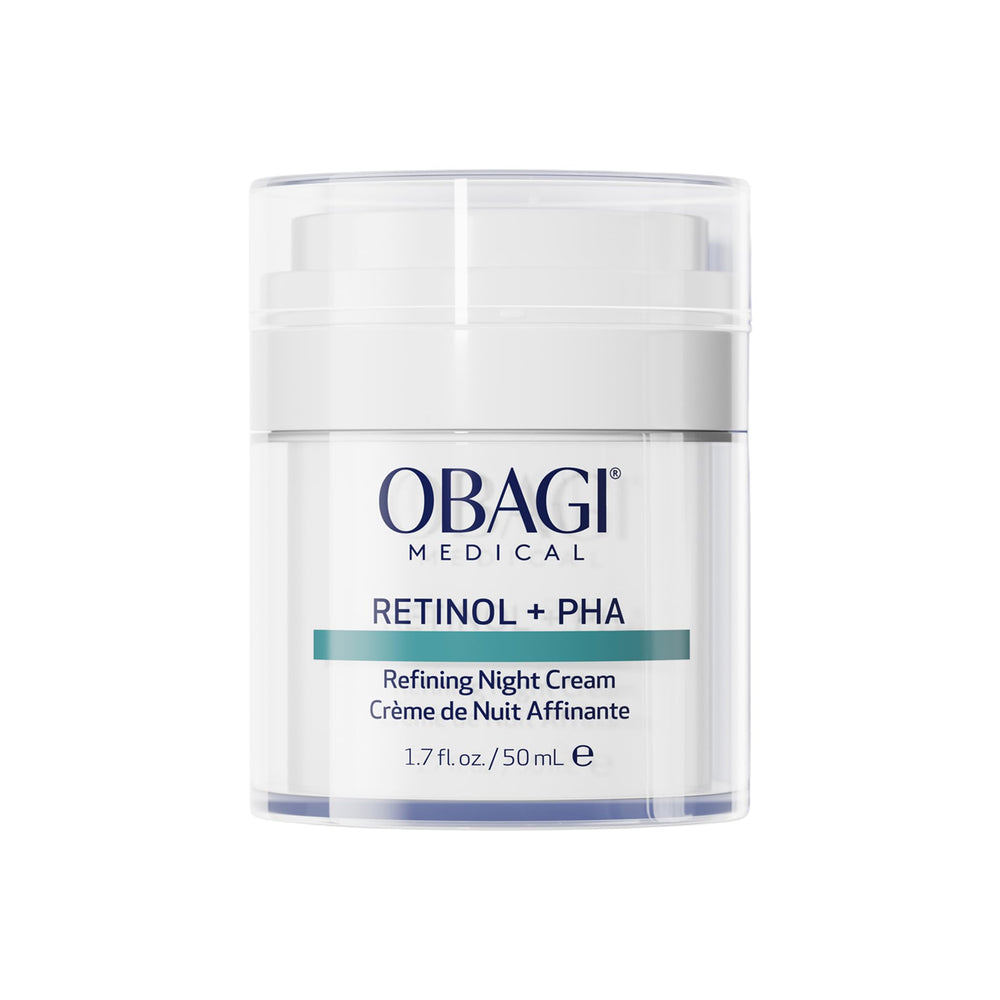 Obagi Medical Retinol + PHA Refining Night Cream tube highlighting dual-action formula for smoother skin