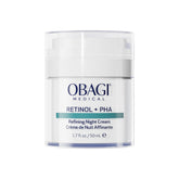 Obagi Medical Retinol + PHA Refining Night Cream tube highlighting dual-action formula for smoother skin