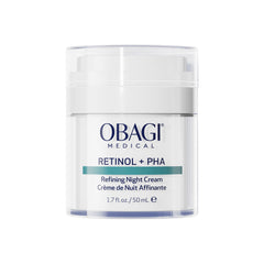 Obagi Medical Retinol + PHA Refining Night Cream tube highlighting dual-action formula for smoother skin