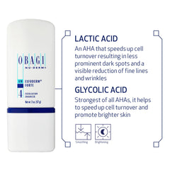 Obagi Nu-Derm Exfoderm Forte label detail highlights AHAs for gentle exfoliation