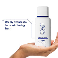 Obagi Nu-Derm Foaming Gel hand application shows cleansing that refreshes sensitive skin.
