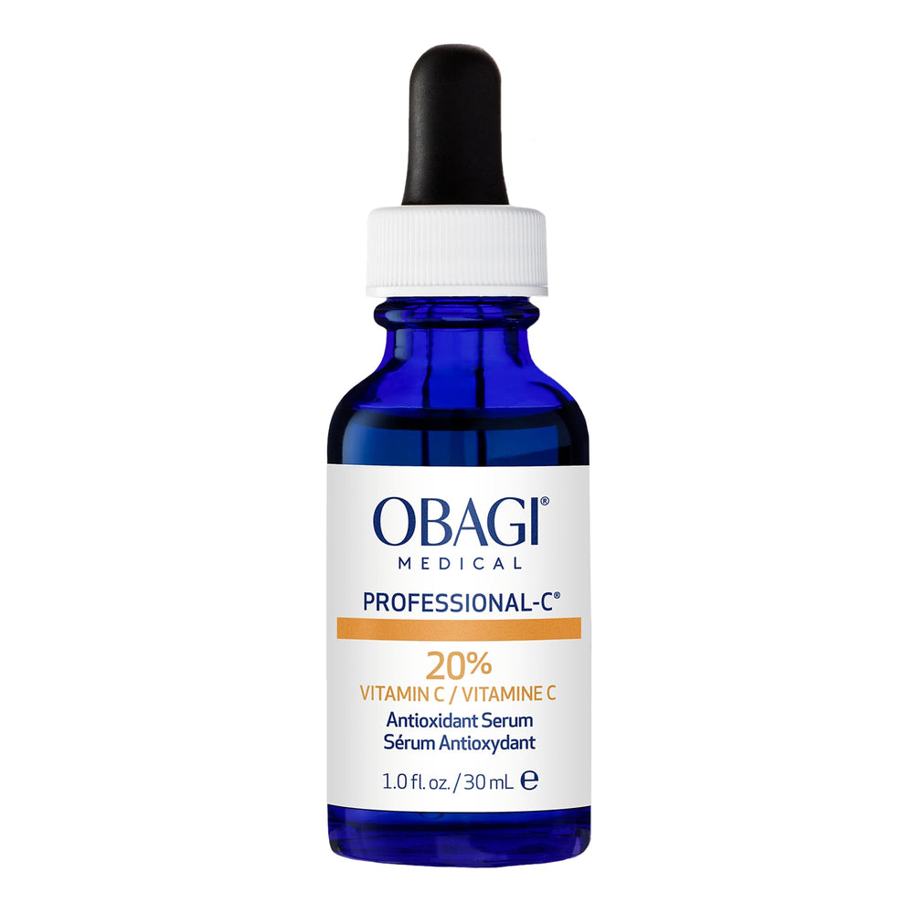 Obagi Professional C Serum 20% bottle closeup demonstrates premium vitamin C formula for brightening and hydration.