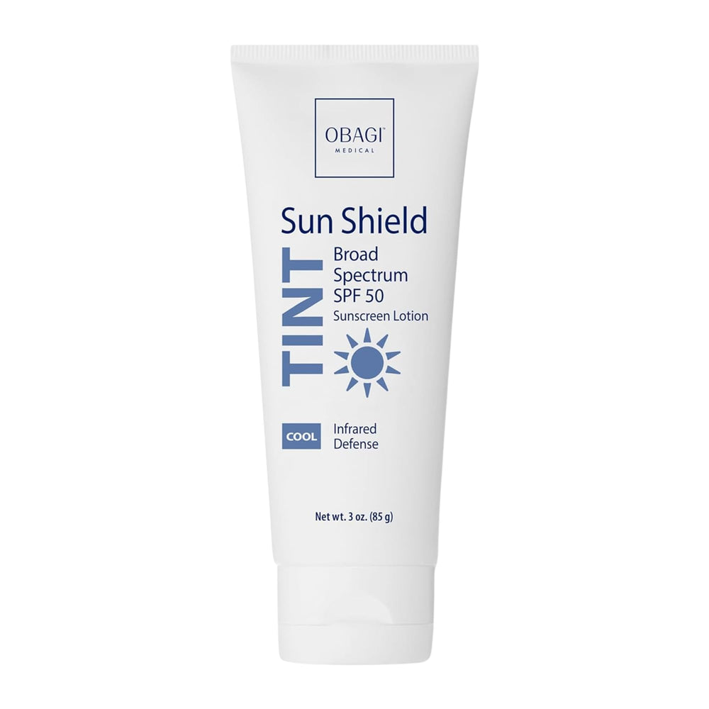 Obagi Sun Shield tinted sunscreen bottle with sheer cooling tint for even skin tone.