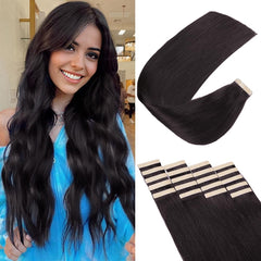 OBHD tape-in hair extensions natural black 18-inch close-up weft for seamless blend.