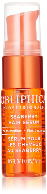 Obliphica Seaberry Leave-In Serum bottle closeup demonstrates frizz control and nourishment for fine hair