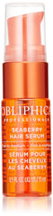 Obliphica Seaberry Leave-In Serum bottle closeup demonstrates frizz control and nourishment for fine hair