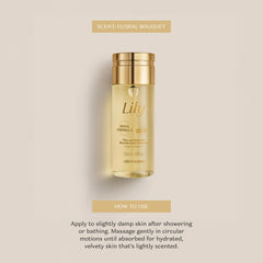 O Boticário Lily Body Oil absorbs quickly on skin, leaving a satin finish.