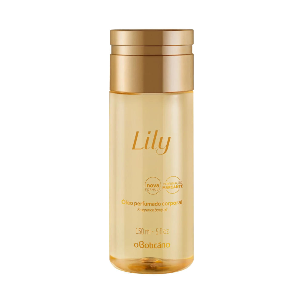 O Boticário Lily Body Oil bottle closeup highlighting quick-absorbing hydration.
