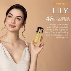 O Boticário Lily Body Oil silky texture close-up for smooth skin.