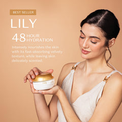 Lily Satin jar front reveals chic scented cream delivering all-day hydration.