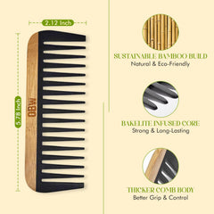 OBW bamboo wide tooth comb in use on curly hair for smooth detangling and frizz control
