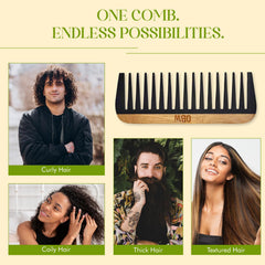 OBW bamboo wide tooth comb teeth close-up showing wide spacing for thick curls detangling