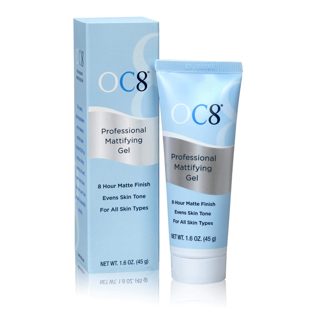 OC8 bottle close-up showing anti-shine gel for all-day oil control.